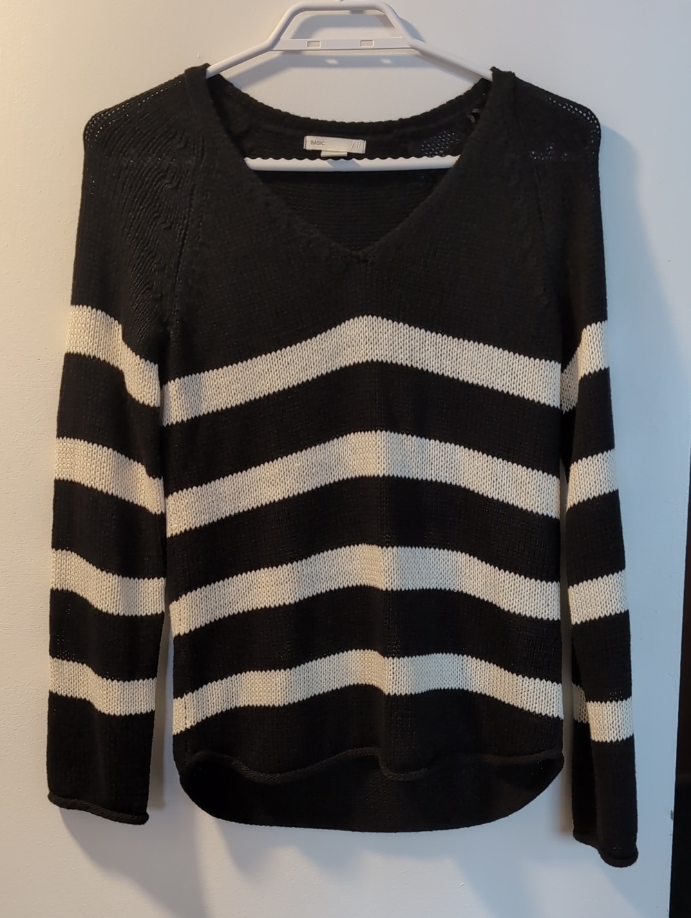 Basic Editions Black and Cream Striped V-Neck Sweater
